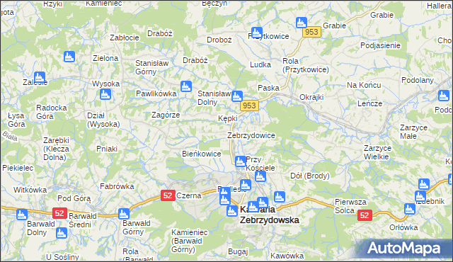 mapa Zebrzydowice gmina Kalwaria Zebrzydowska, Zebrzydowice gmina Kalwaria Zebrzydowska na mapie Targeo