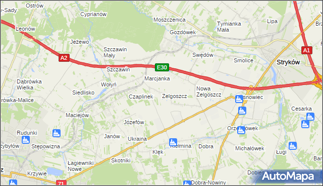 mapa Zelgoszcz gmina Stryków, Zelgoszcz gmina Stryków na mapie Targeo