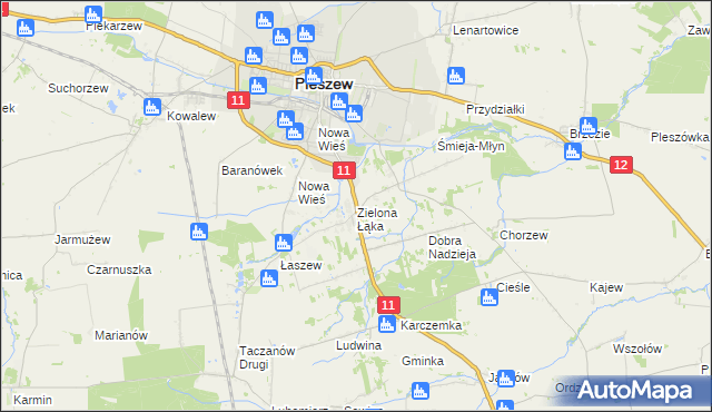 mapa Zielona Łąka gmina Pleszew, Zielona Łąka gmina Pleszew na mapie Targeo