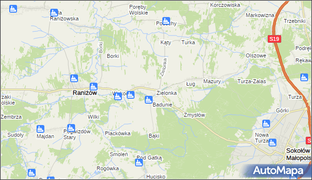 mapa Zielonka gmina Raniżów, Zielonka gmina Raniżów na mapie Targeo