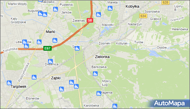 mapa Zielonka powiat wołomiński, Zielonka powiat wołomiński na mapie Targeo