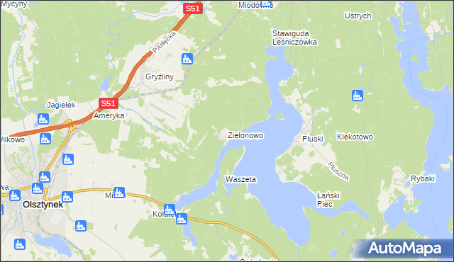 mapa Zielonowo gmina Stawiguda, Zielonowo gmina Stawiguda na mapie Targeo