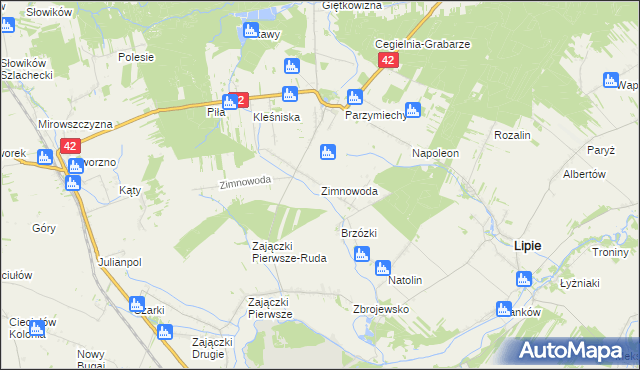 mapa Zimnowoda gmina Lipie, Zimnowoda gmina Lipie na mapie Targeo