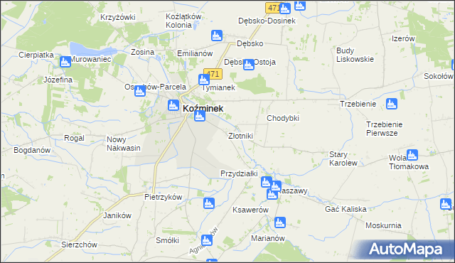 mapa Złotniki gmina Koźminek, Złotniki gmina Koźminek na mapie Targeo