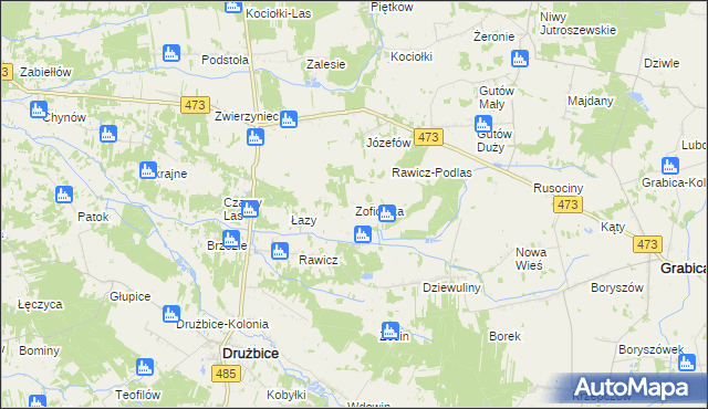 mapa Zofiówka gmina Drużbice, Zofiówka gmina Drużbice na mapie Targeo