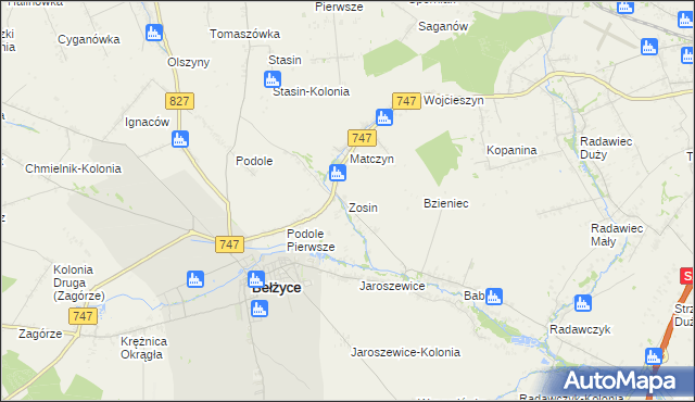 mapa Zosin gmina Bełżyce, Zosin gmina Bełżyce na mapie Targeo