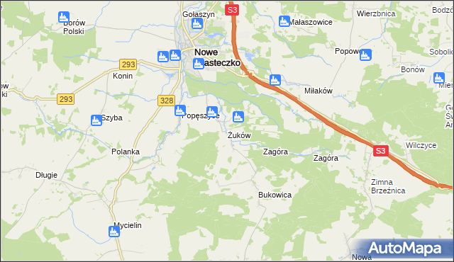 mapa Żuków gmina Nowe Miasteczko, Żuków gmina Nowe Miasteczko na mapie Targeo