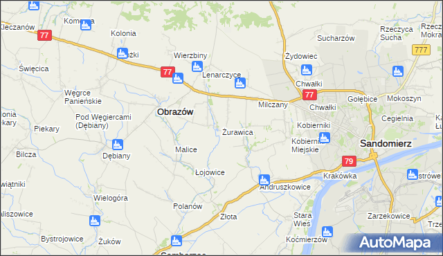 mapa Żurawica gmina Obrazów, Żurawica gmina Obrazów na mapie Targeo