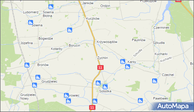 mapa Żychlin gmina Gołuchów, Żychlin gmina Gołuchów na mapie Targeo