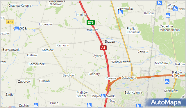 mapa Żychlin gmina Grabica, Żychlin gmina Grabica na mapie Targeo