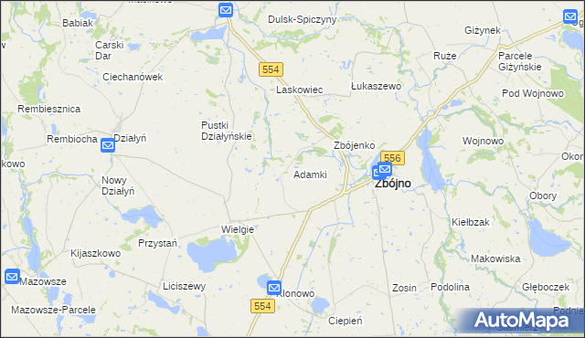 mapa Adamki gmina Zbójno, Adamki gmina Zbójno na mapie Targeo