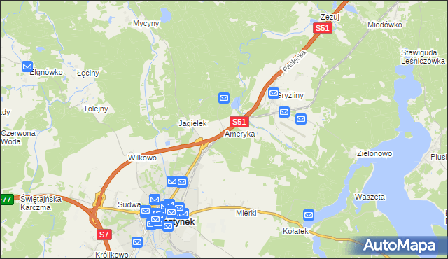 mapa Ameryka gmina Olsztynek, Ameryka gmina Olsztynek na mapie Targeo