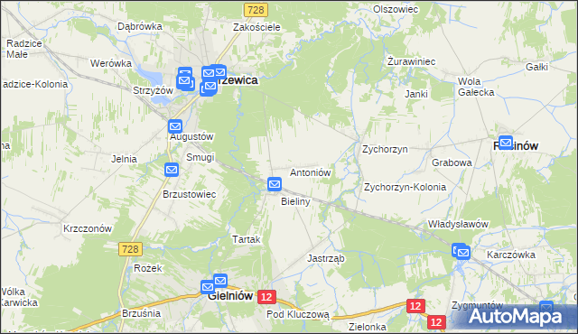 mapa Antoniów gmina Gielniów, Antoniów gmina Gielniów na mapie Targeo