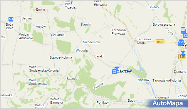 mapa Baraki gmina Zakrzew, Baraki gmina Zakrzew na mapie Targeo
