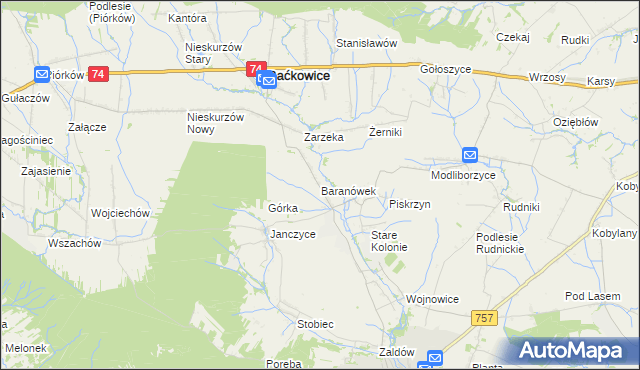 mapa Baranówek gmina Baćkowice, Baranówek gmina Baćkowice na mapie Targeo