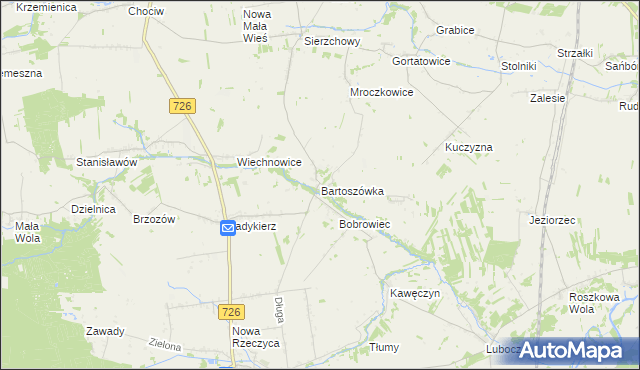 mapa Bartoszówka gmina Rzeczyca, Bartoszówka gmina Rzeczyca na mapie Targeo