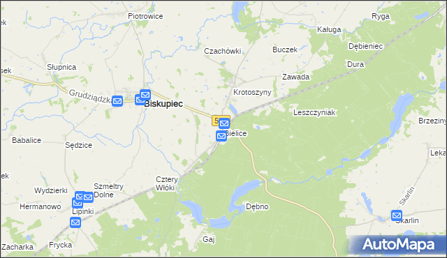 mapa Bielice gmina Biskupiec, Bielice gmina Biskupiec na mapie Targeo