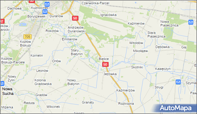 mapa Bielice gmina Sochaczew, Bielice gmina Sochaczew na mapie Targeo