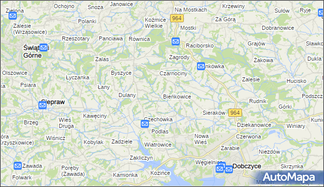 mapa Bieńkowice gmina Dobczyce, Bieńkowice gmina Dobczyce na mapie Targeo