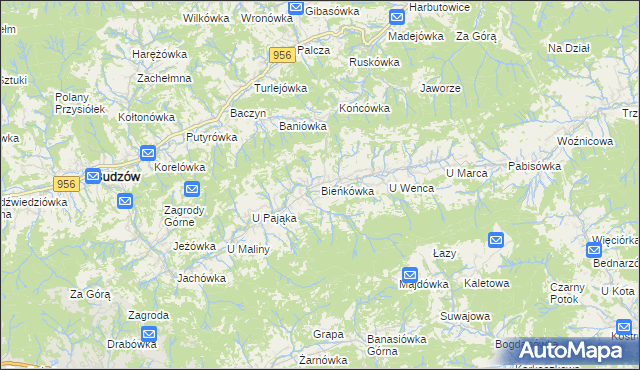mapa Bieńkówka gmina Budzów, Bieńkówka gmina Budzów na mapie Targeo