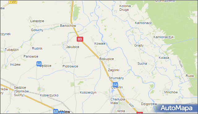 mapa Biskupice gmina Sieradz, Biskupice gmina Sieradz na mapie Targeo