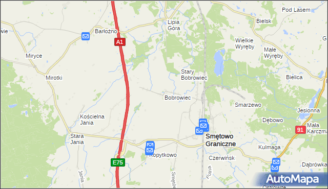 mapa Bobrowiec gmina Smętowo Graniczne, Bobrowiec gmina Smętowo Graniczne na mapie Targeo