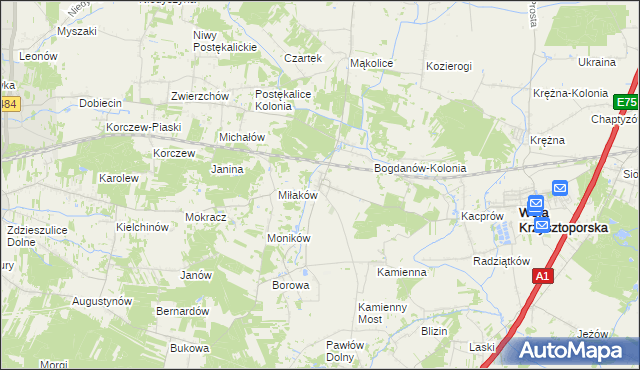 mapa Bogdanów gmina Wola Krzysztoporska, Bogdanów gmina Wola Krzysztoporska na mapie Targeo