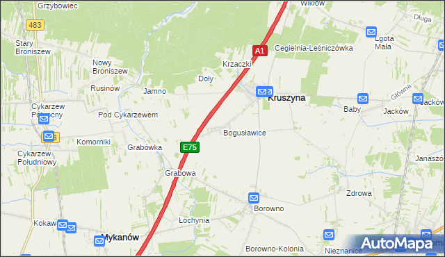 mapa Bogusławice gmina Kruszyna, Bogusławice gmina Kruszyna na mapie Targeo