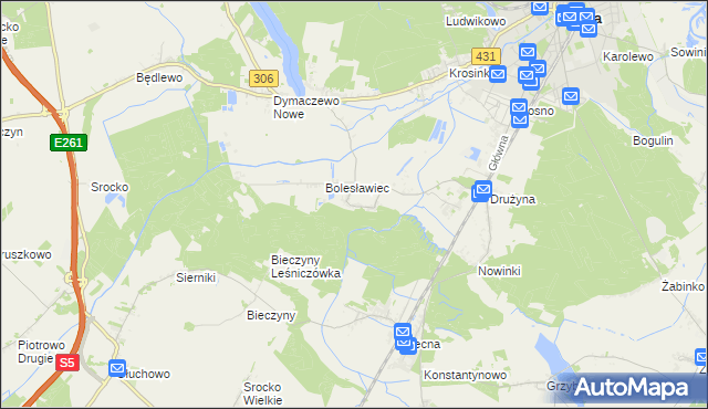 mapa Borkowice gmina Mosina, Borkowice gmina Mosina na mapie Targeo