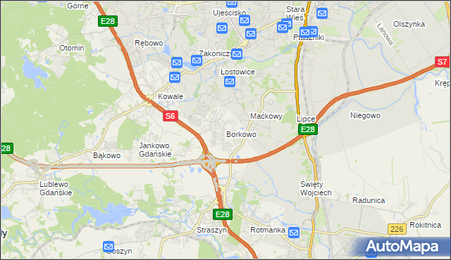 mapa Borkowo gmina Pruszcz Gdański, Borkowo gmina Pruszcz Gdański na mapie Targeo