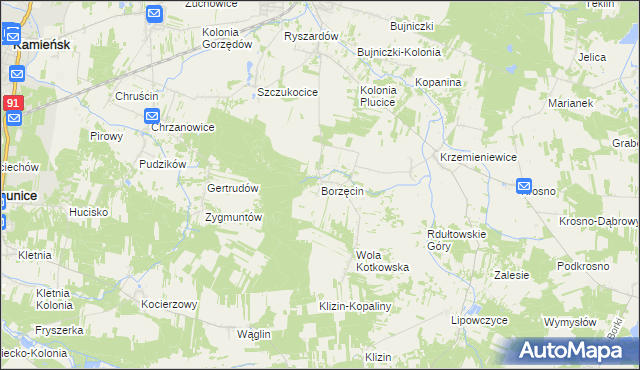 mapa Borzęcin gmina Gorzkowice, Borzęcin gmina Gorzkowice na mapie Targeo