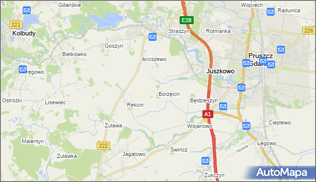 mapa Borzęcin gmina Pruszcz Gdański, Borzęcin gmina Pruszcz Gdański na mapie Targeo