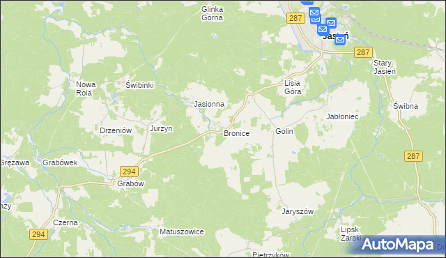 mapa Bronice gmina Jasień, Bronice gmina Jasień na mapie Targeo