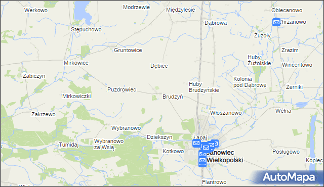 mapa Brudzyń gmina Janowiec Wielkopolski, Brudzyń gmina Janowiec Wielkopolski na mapie Targeo