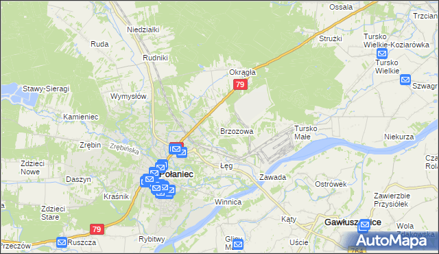 mapa Brzozowa gmina Połaniec, Brzozowa gmina Połaniec na mapie Targeo