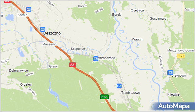 mapa Brzozowiec gmina Deszczno, Brzozowiec gmina Deszczno na mapie Targeo