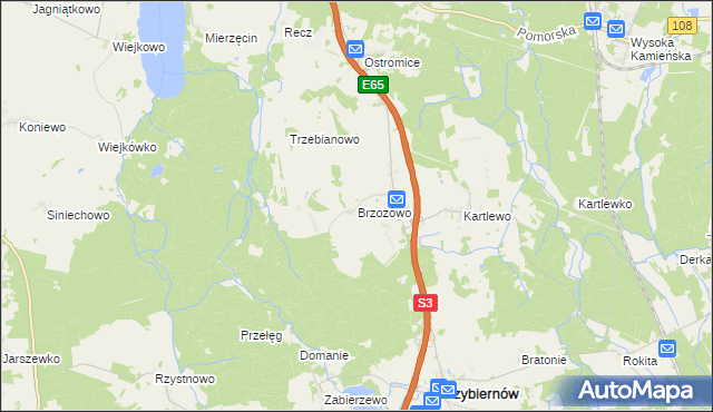 mapa Brzozowo gmina Przybiernów, Brzozowo gmina Przybiernów na mapie Targeo