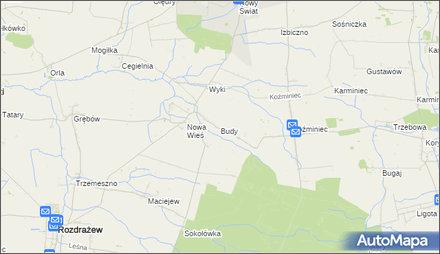 mapa Budy gmina Rozdrażew, Budy gmina Rozdrażew na mapie Targeo