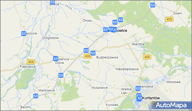 mapa Budzieszowice gmina Łambinowice, Budzieszowice gmina Łambinowice na mapie Targeo