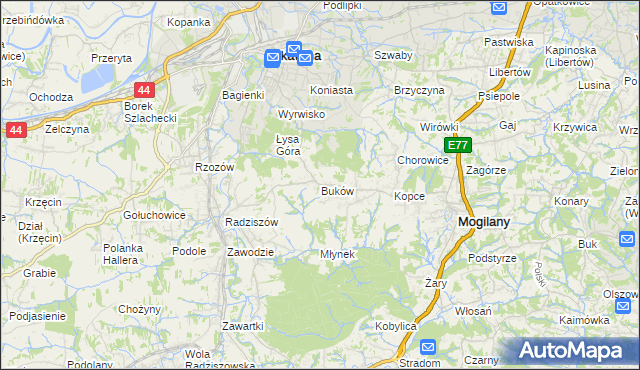 mapa Buków gmina Mogilany, Buków gmina Mogilany na mapie Targeo