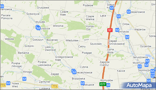 mapa Celiny gmina Iwanowice, Celiny gmina Iwanowice na mapie Targeo