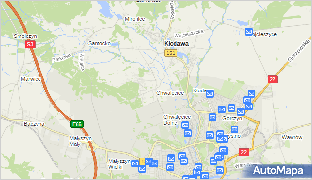 mapa Chwalęcice gmina Kłodawa, Chwalęcice gmina Kłodawa na mapie Targeo