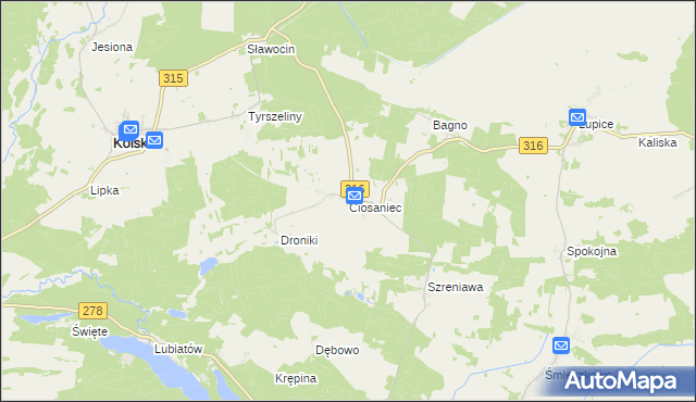 mapa Ciosaniec gmina Sława, Ciosaniec gmina Sława na mapie Targeo