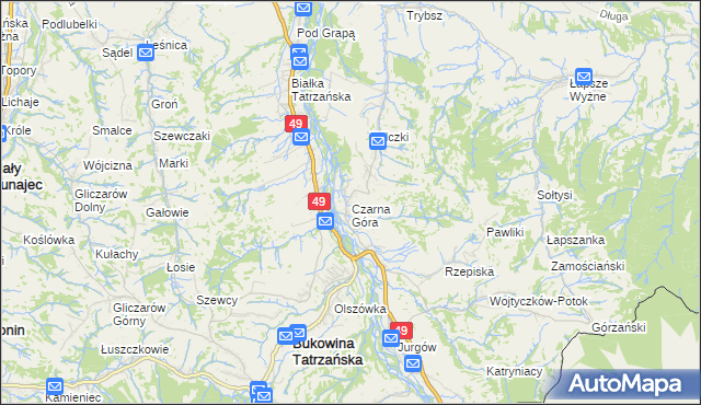 mapa Czarna Góra gmina Bukowina Tatrzańska, Czarna Góra gmina Bukowina Tatrzańska na mapie Targeo