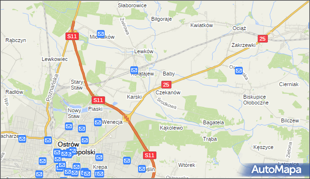 mapa Czekanów gmina Ostrów Wielkopolski, Czekanów gmina Ostrów Wielkopolski na mapie Targeo