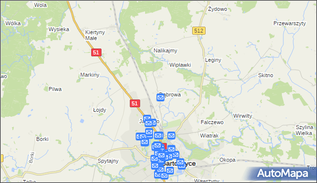 mapa Dąbrowa gmina Bartoszyce, Dąbrowa gmina Bartoszyce na mapie Targeo