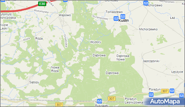 mapa Dąbrowa gmina Kuślin, Dąbrowa gmina Kuślin na mapie Targeo