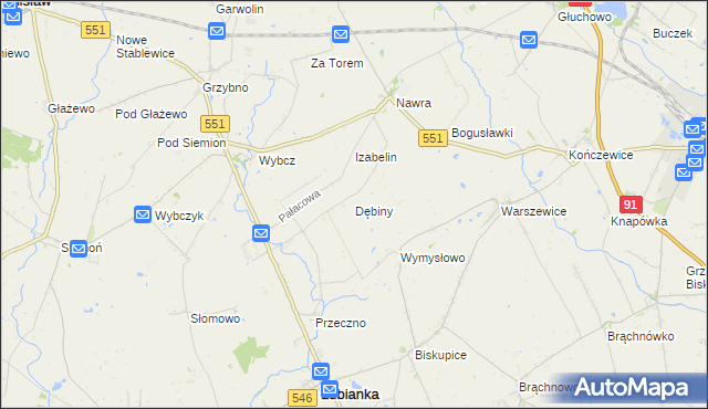 mapa Dębiny gmina Łubianka, Dębiny gmina Łubianka na mapie Targeo