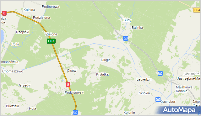 mapa Długie gmina Sztabin, Długie gmina Sztabin na mapie Targeo