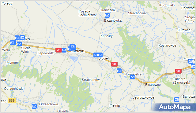 mapa Długie gmina Zarszyn, Długie gmina Zarszyn na mapie Targeo